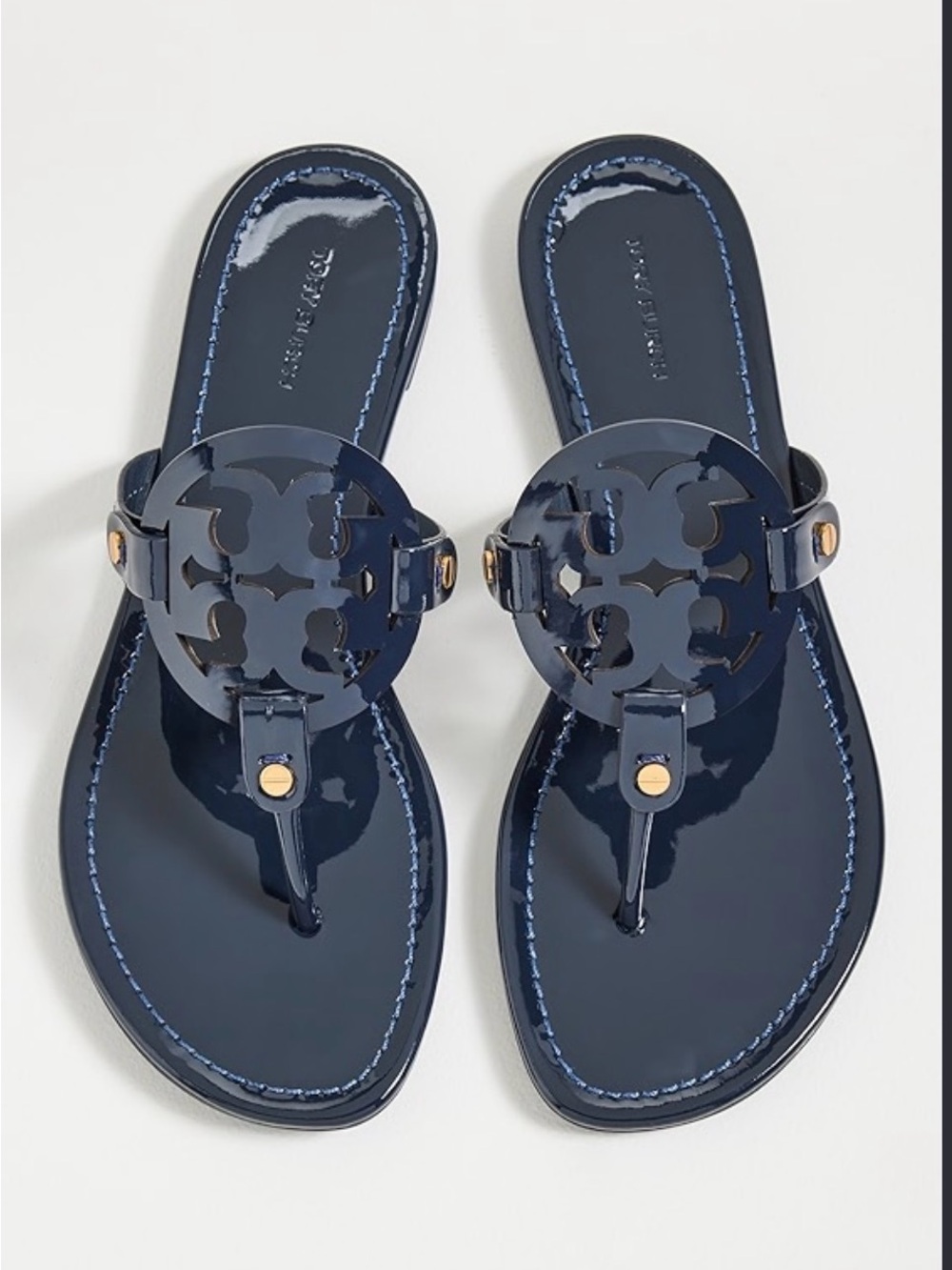 Tory Burch Navy Patent Logo Thong Sandals